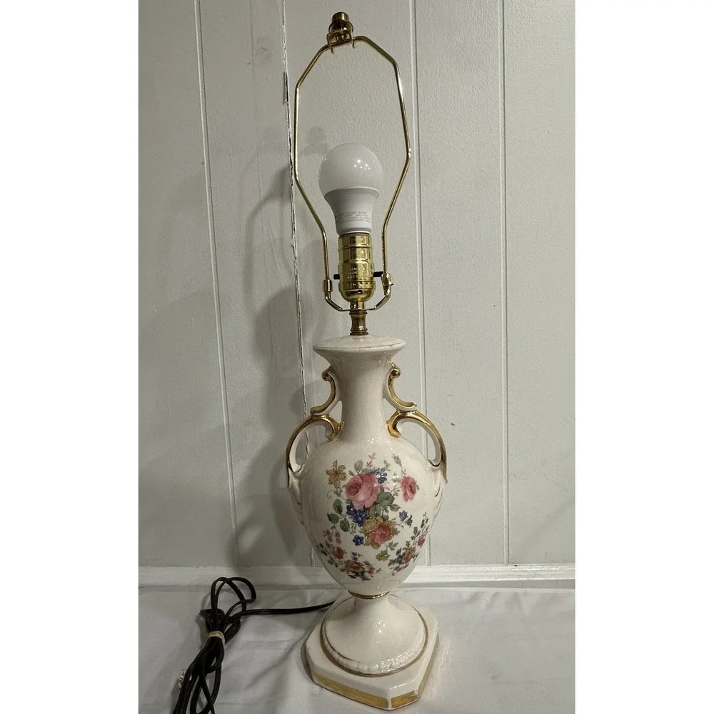 Antique Hand-Painted Porcelain Table Lamp –Floral England Urn Style, Gold Accent